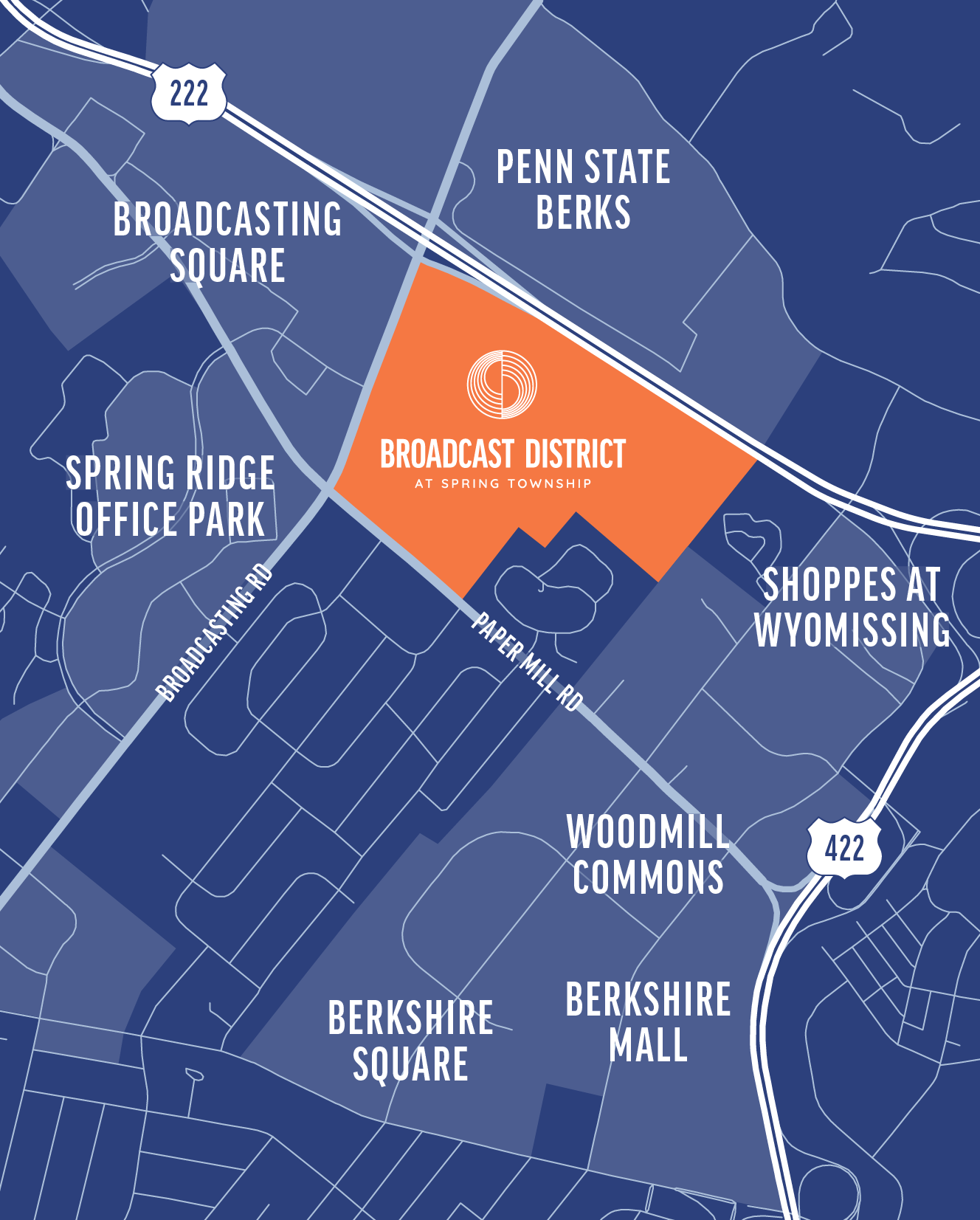 http://A%20map%20showing%20the%20roads%20and%20highways%20around%20Broadcast%20District%20naming%20nearby%20destinations%20like%20Broadcasting%20Square,%20Shoppes%20at%20Wyomissing,%20Woodmill%20Commons,%20Berkshire%20Mall,%20Bershire%20Suqrae,%20Penn%20State%20Berks,%20and%20One%20Meridian