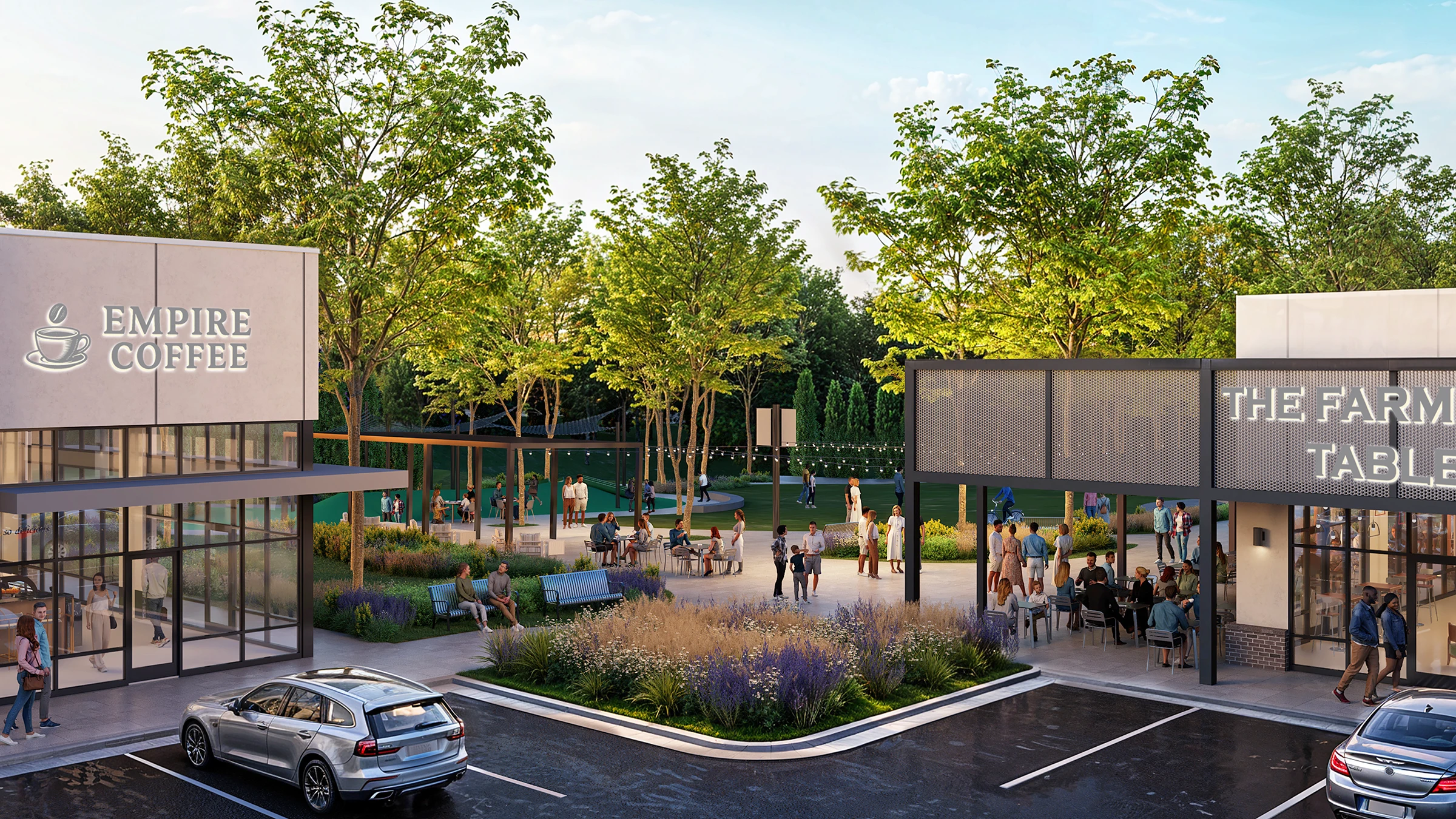 Park space, outdoor dining, and retail entrances at Broadcast District