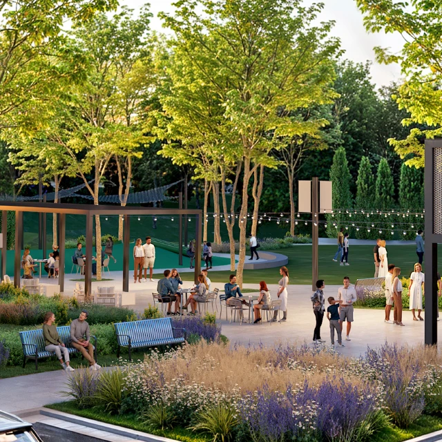 Park and outdoor dining area at Broadcast District